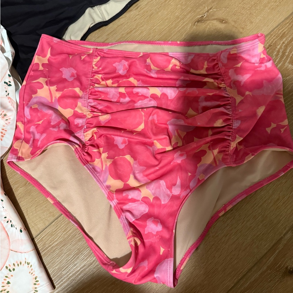 Kortni Jeane High-Waist Floral Swim Bottoms in Pink and Peach